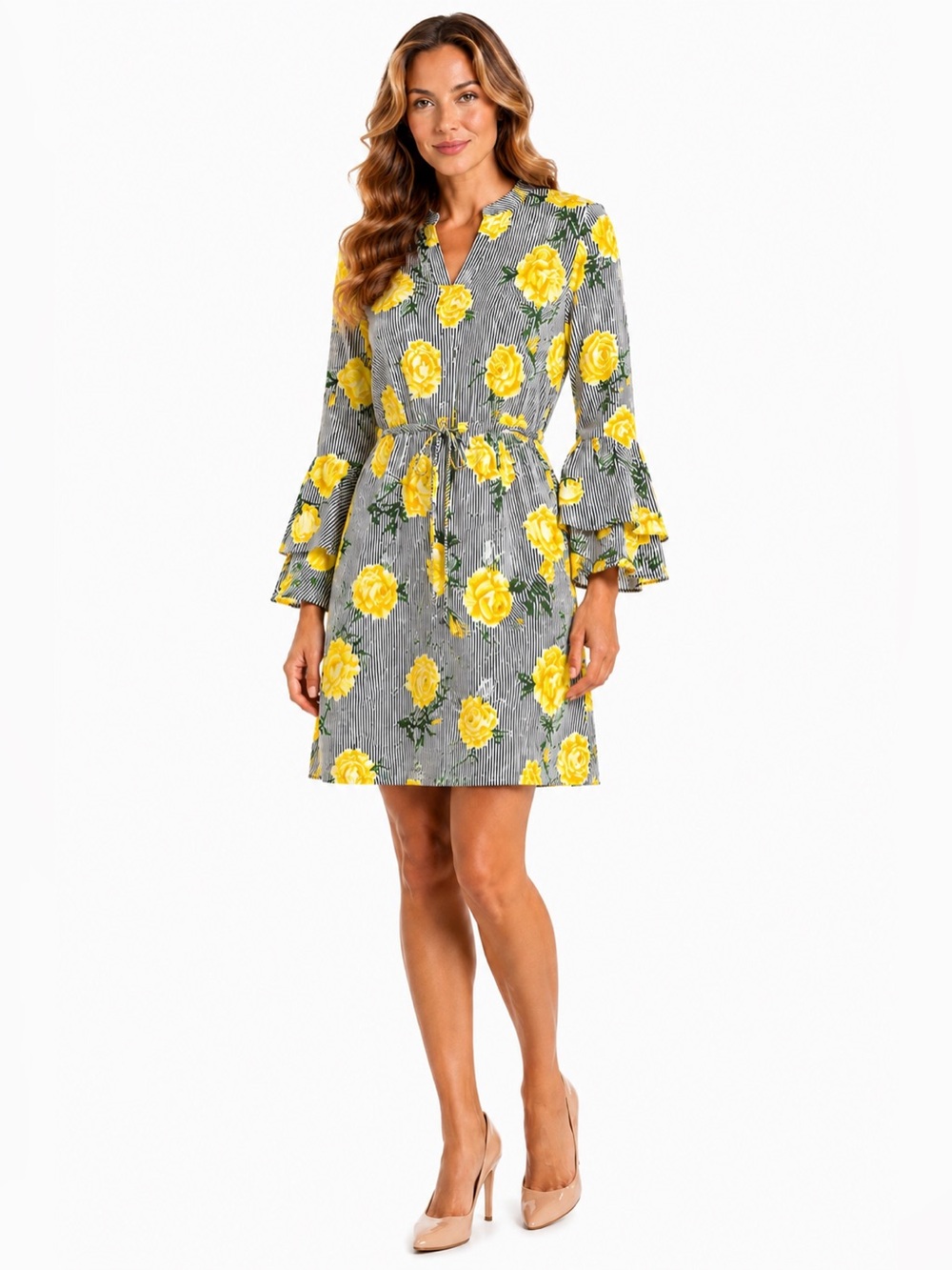 Hint of Blush Yellow Floral Pinstriped Shirt Dress Dramatic Bell Sleeve Sz Lrg
